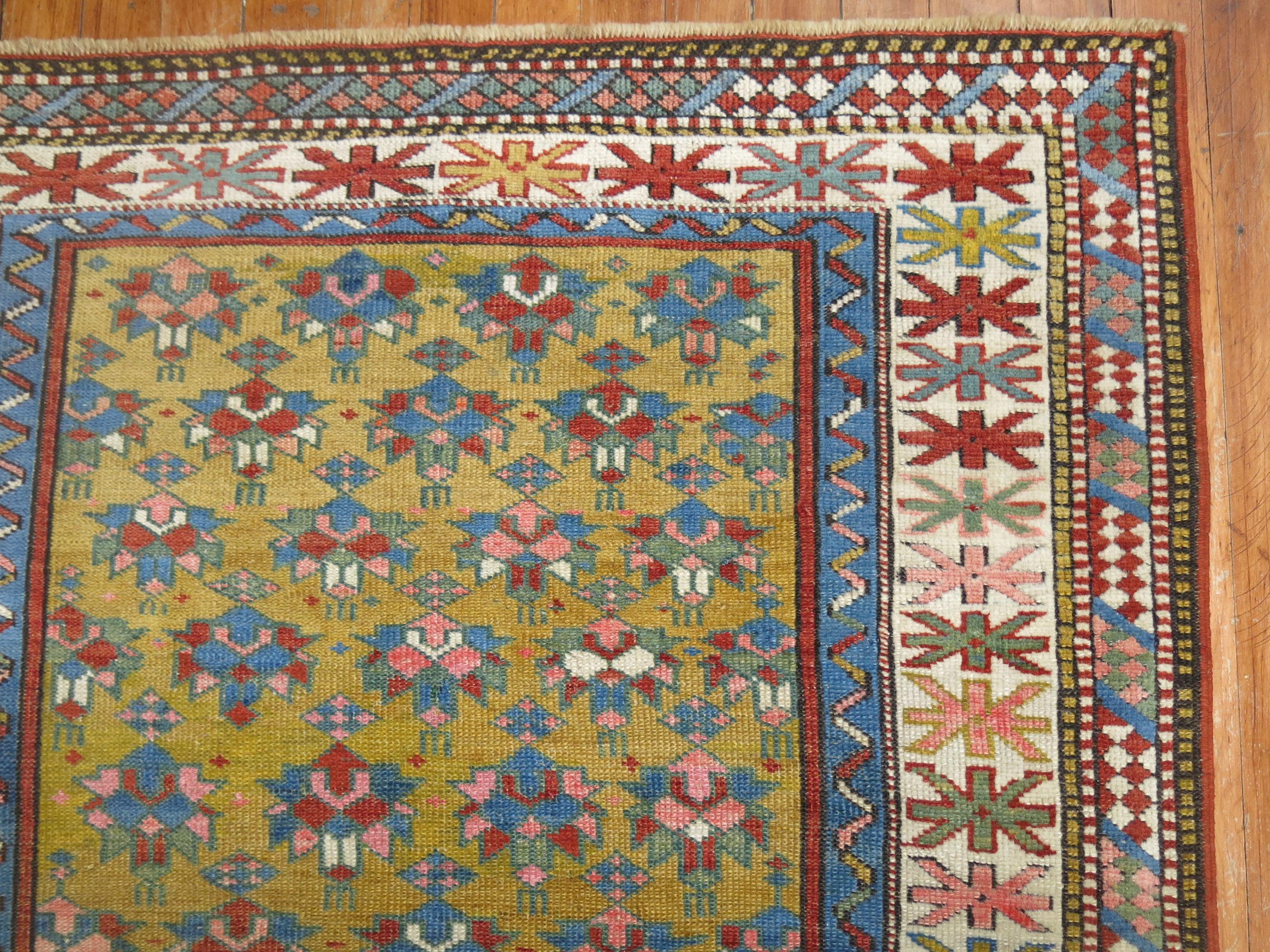 Hand-Woven Mustard Field Tribal Late 19th Century Antique Caucasian Shirvan Rug