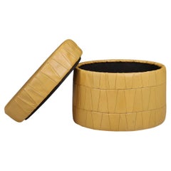 Mustard patchwork leather round storage ottoman by De Sede, Switzerland, 1970s.