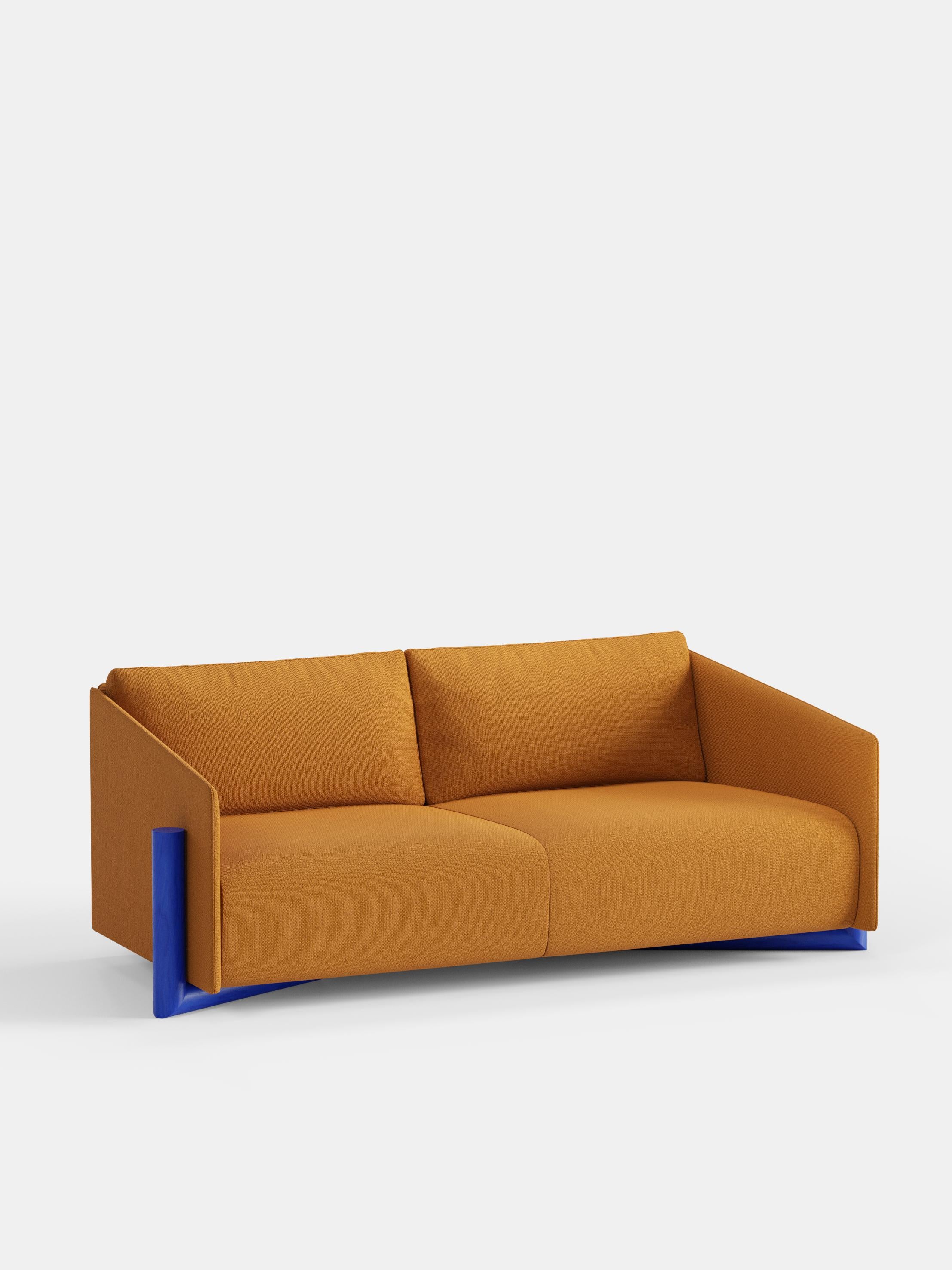 Mustard Timber 3 Seater Sofa by Kann Design
Dimensions: D 104.5 x W 200 x H 75 cm.
Materials: Solid wood, elastic belts, HR foam, fabric upholstery Kvadrat Vidar 472 (94% wool, 6% nylon).
Available in other fabrics.

The strong presence of textile
