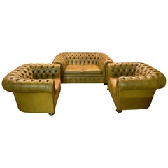 Mustard Yellow original Leather Chesterfield Club Suite set Armchair and Sofa