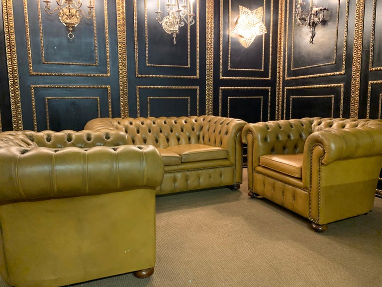 Mustard Yellow original Leather Chesterfield Club Suite set Armchair