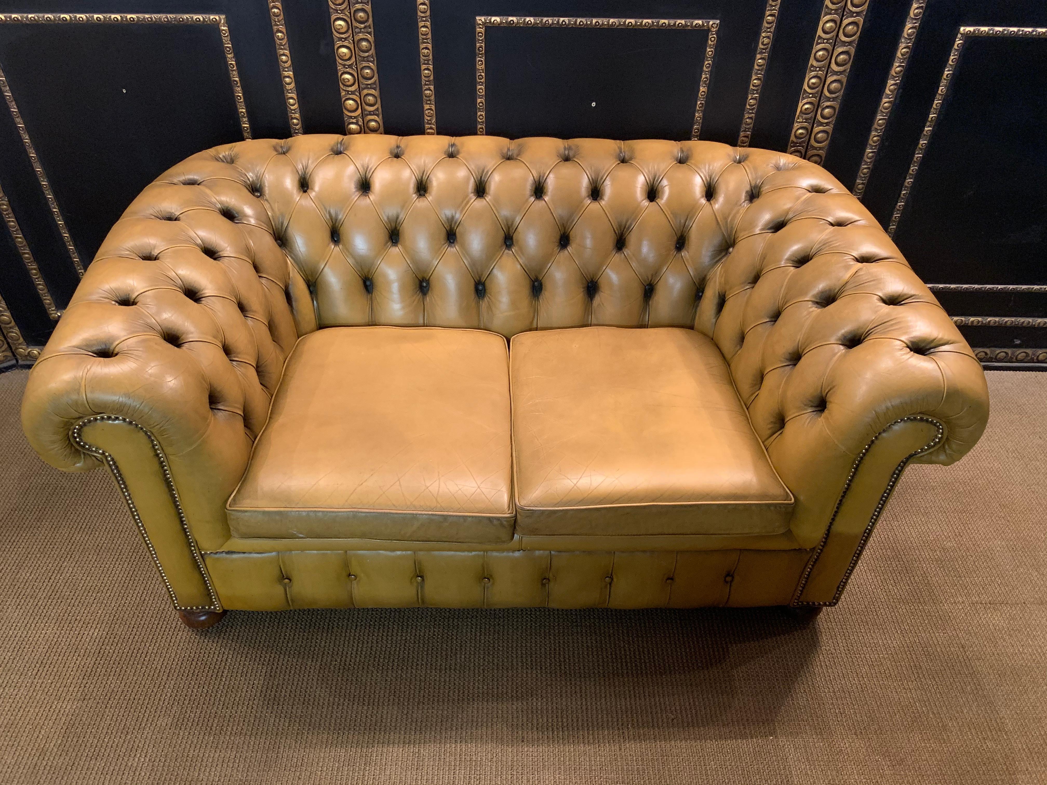 English Mustard Yellow original Leather Chesterfield Club Suite set Armchair and Sofa