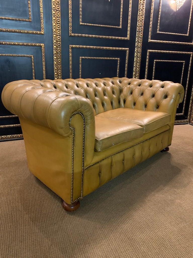 original Mustard Yellow Leather Chesterfield two seater Sofa For Sale