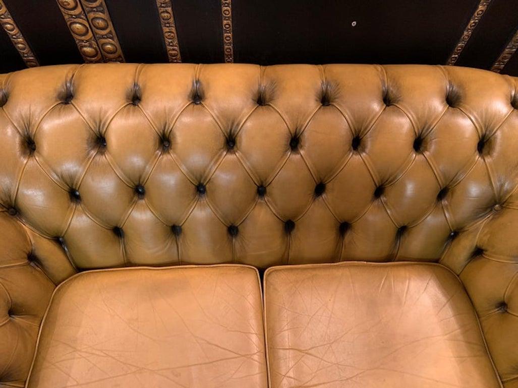 original Mustard Yellow Leather Chesterfield two seater Sofa For Sale