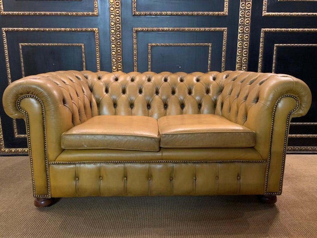 English original Mustard Yellow Leather Chesterfield two seater Sofa