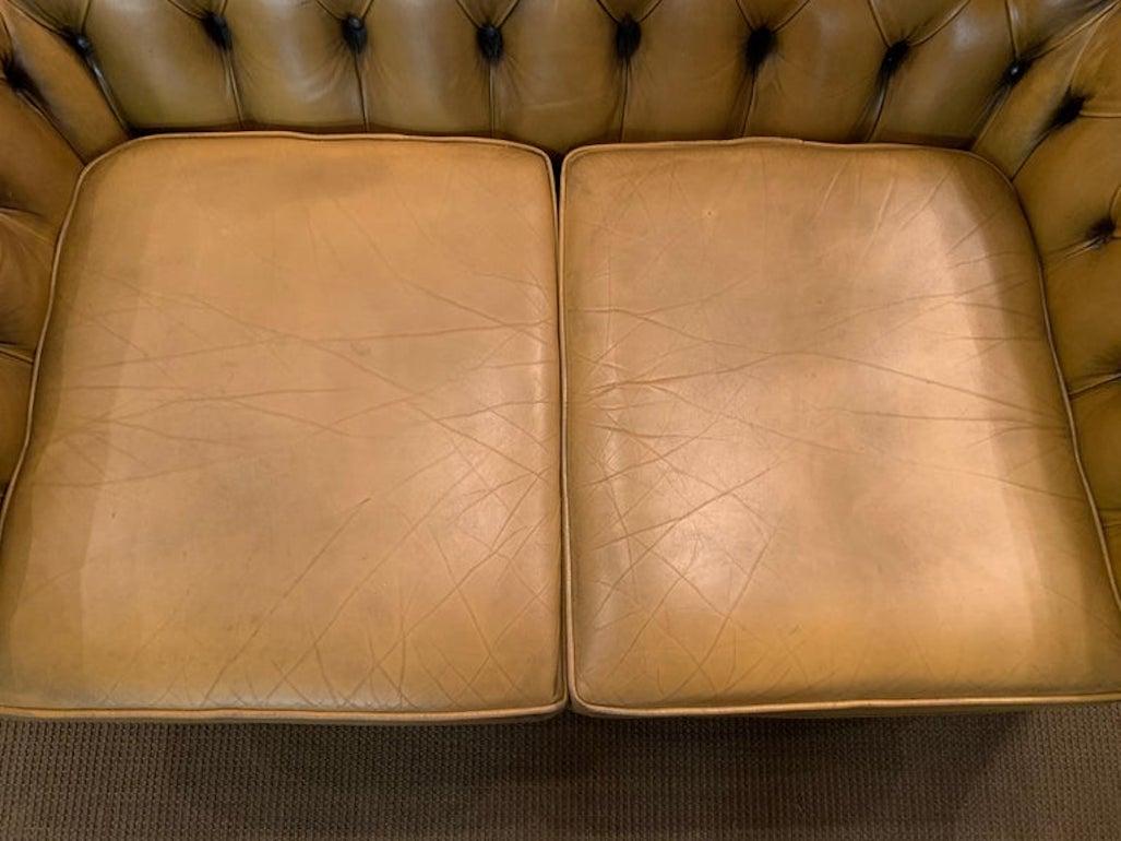original Mustard Yellow Leather Chesterfield two seater Sofa For Sale