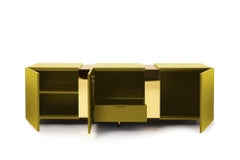 Mustard Yellow Sideboard in Brass and Colorful Lacquered Wood, Geometric-Shaped