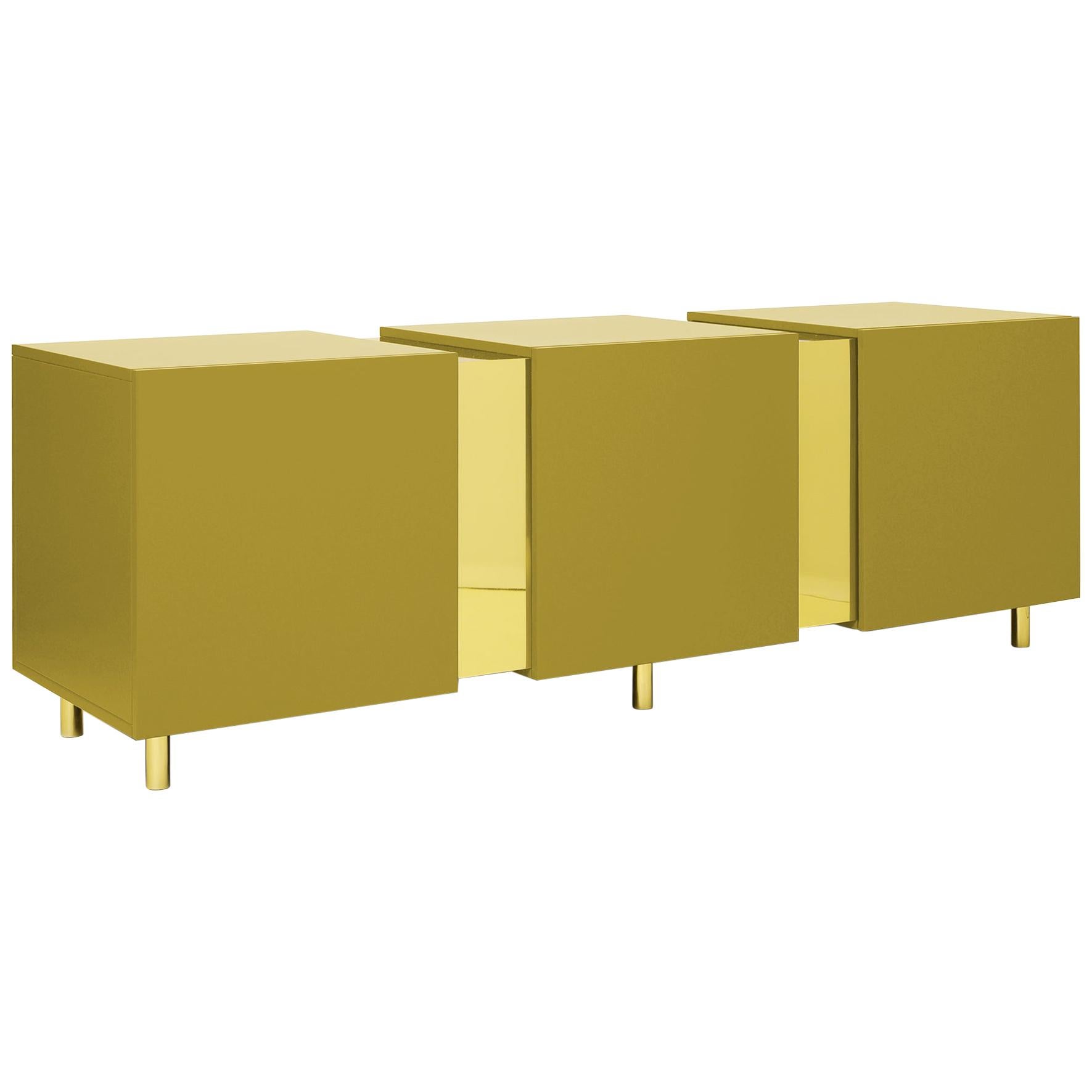 Mustard Yellow Sideboard in Brass and Colorful Lacquered Wood, Geometric-Shaped For Sale