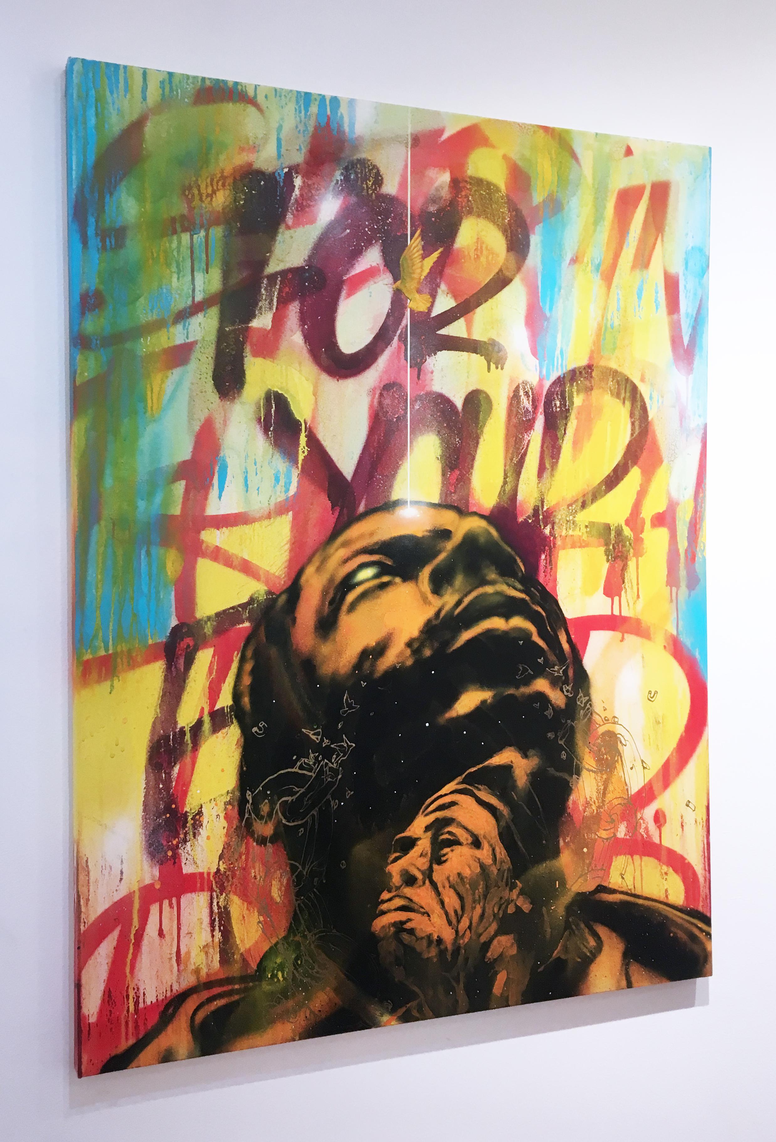 Break Free by street artist MUSTART, portrait & text, spray paint, bold & bright - Painting by Mustart