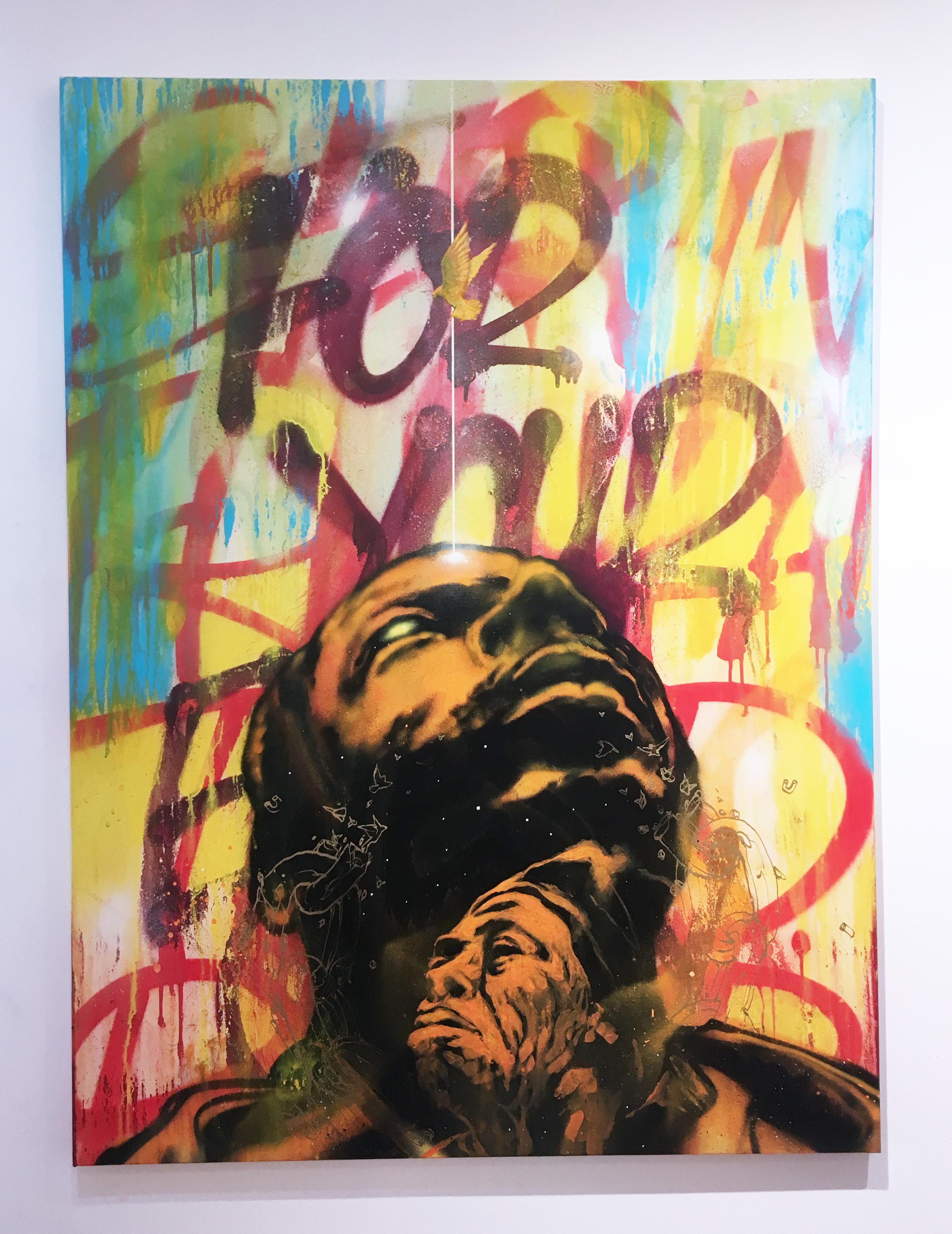 Break Free des Straßenkünstlers MUSTART, Porträt und Text, Sprühfarbe, kühn und hell (Streetart), Painting, von Mustart