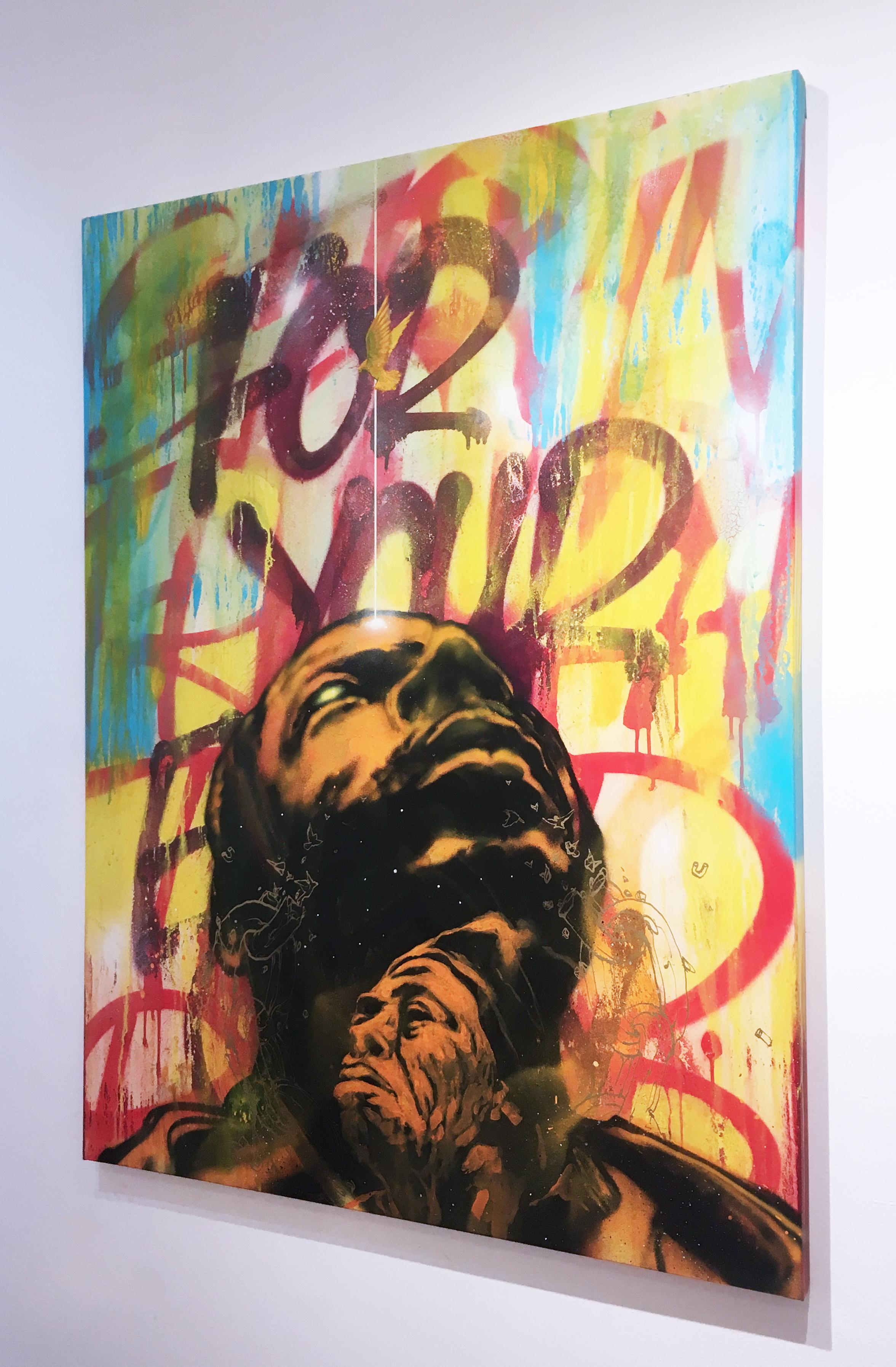 Break Free des Straßenkünstlers MUSTART, Porträt und Text, Sprühfarbe, kühn und hell (Beige), Portrait Painting, von Mustart