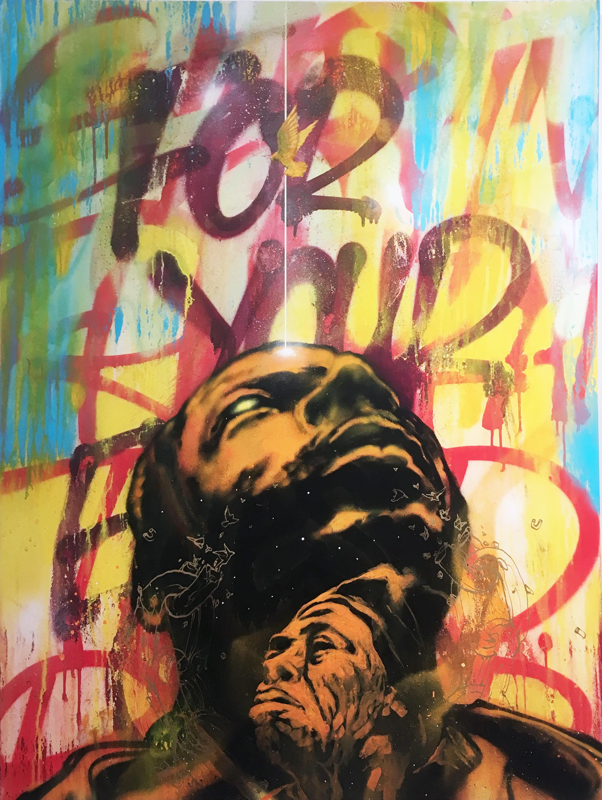 Break Free by street artist MUSTART, portrait & text, spray paint, bold & bright