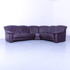 Musterring Designer Purple Leather Corner Sofa Set and Foot-Rest