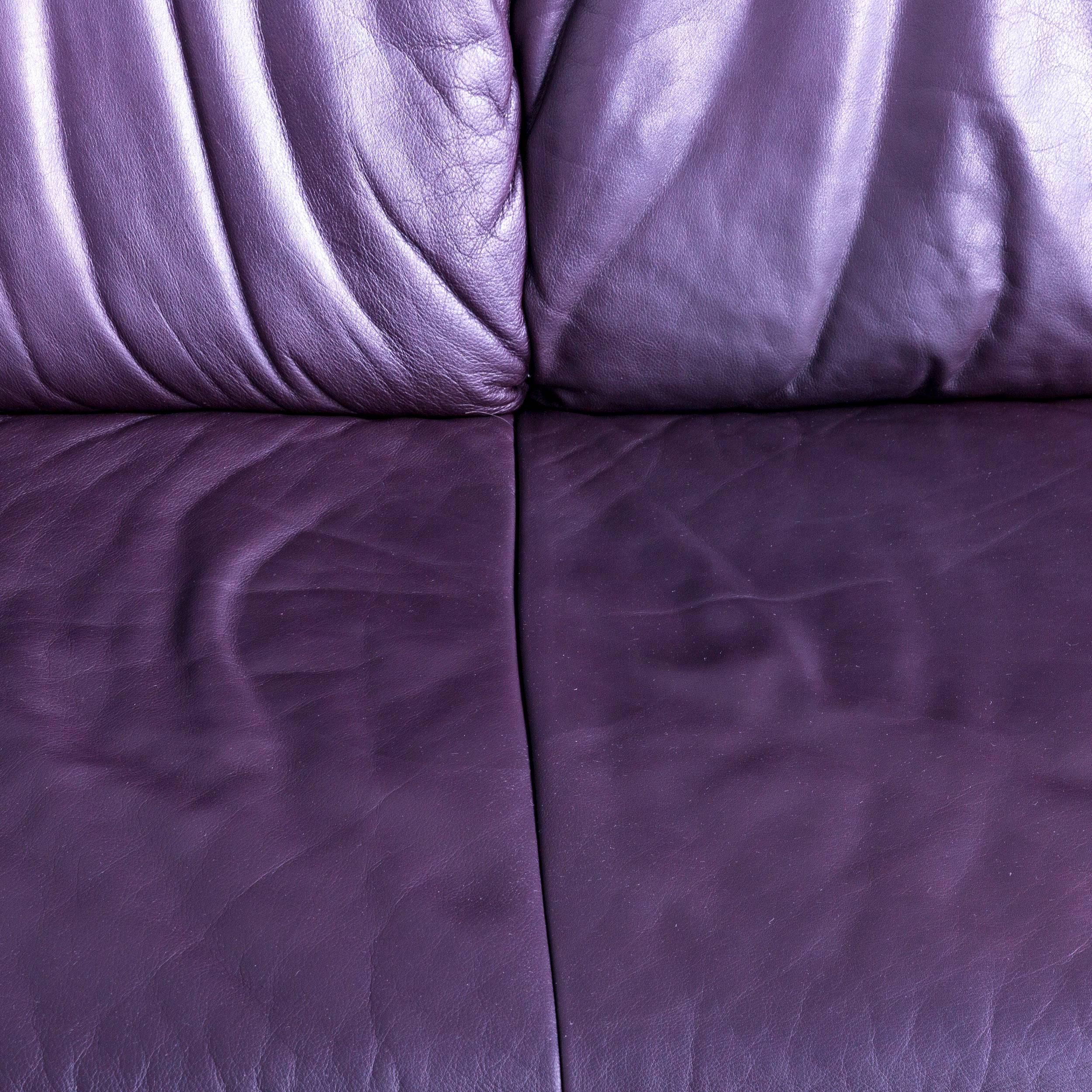 German Musterring Designer Purple Leather Corner Sofa Set and Foot-Rest