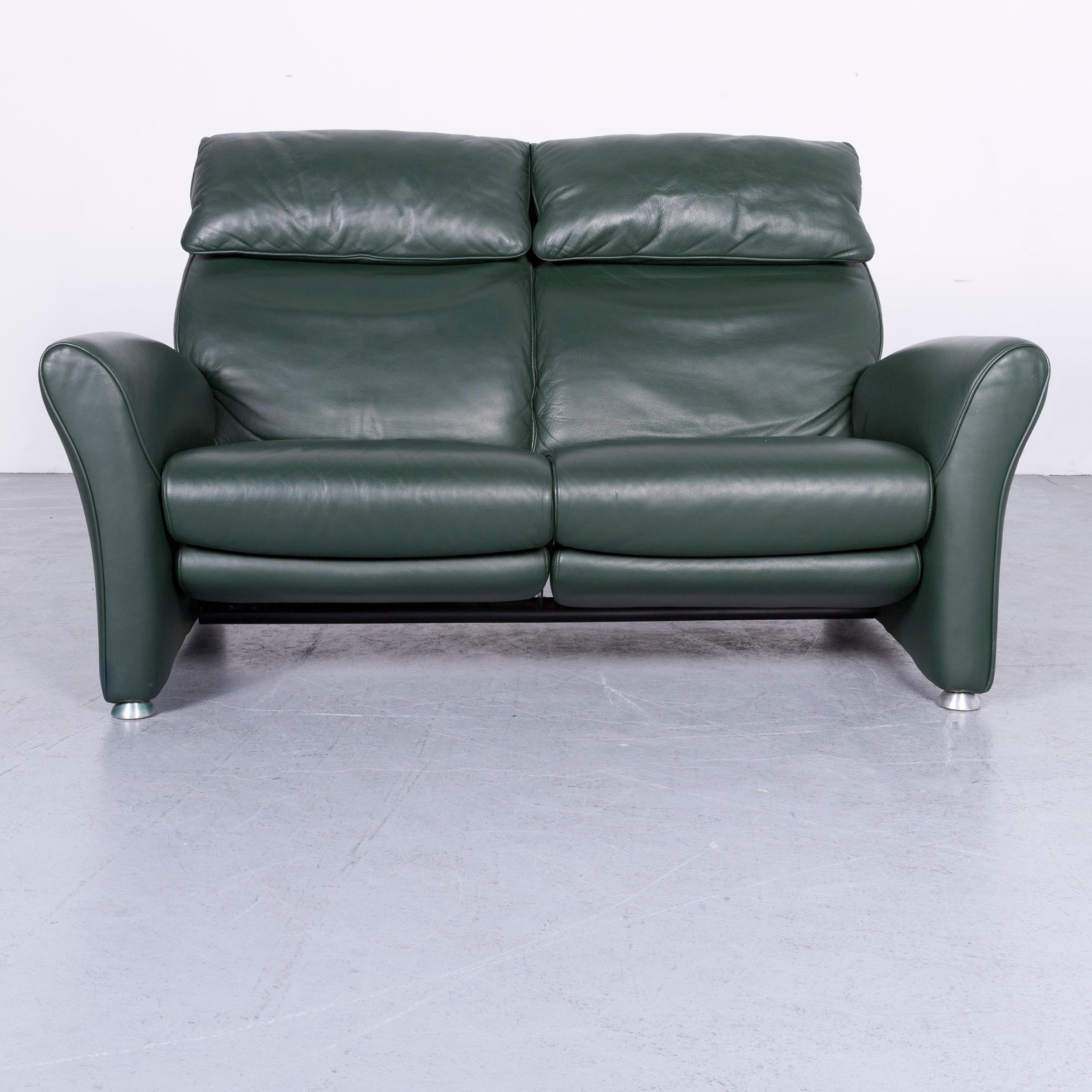 German Musterring Designer Leather Sofa Armchair Set Green Two-Seat Couch