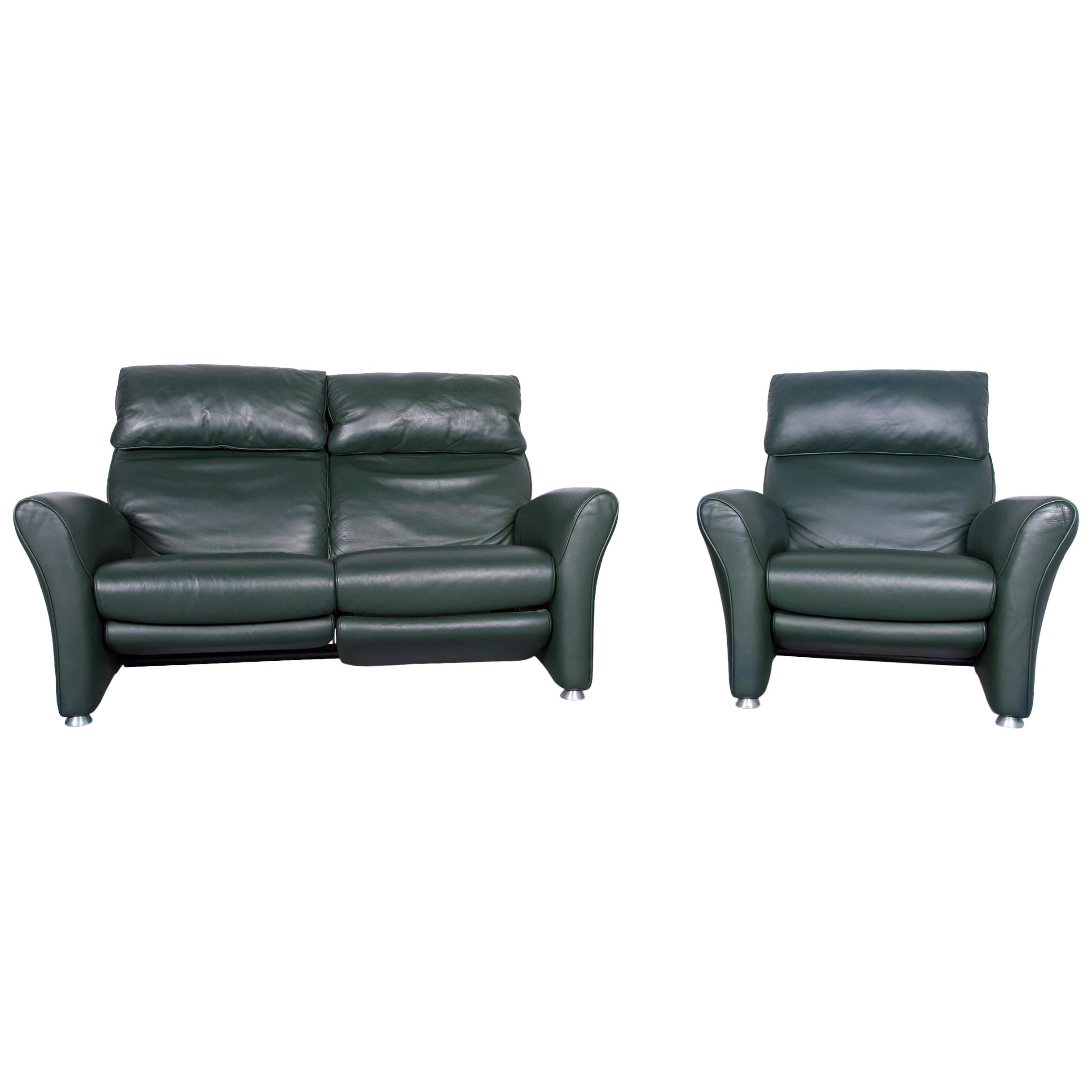 Musterring Designer Leather Sofa Armchair Set Green Two-Seat Couch