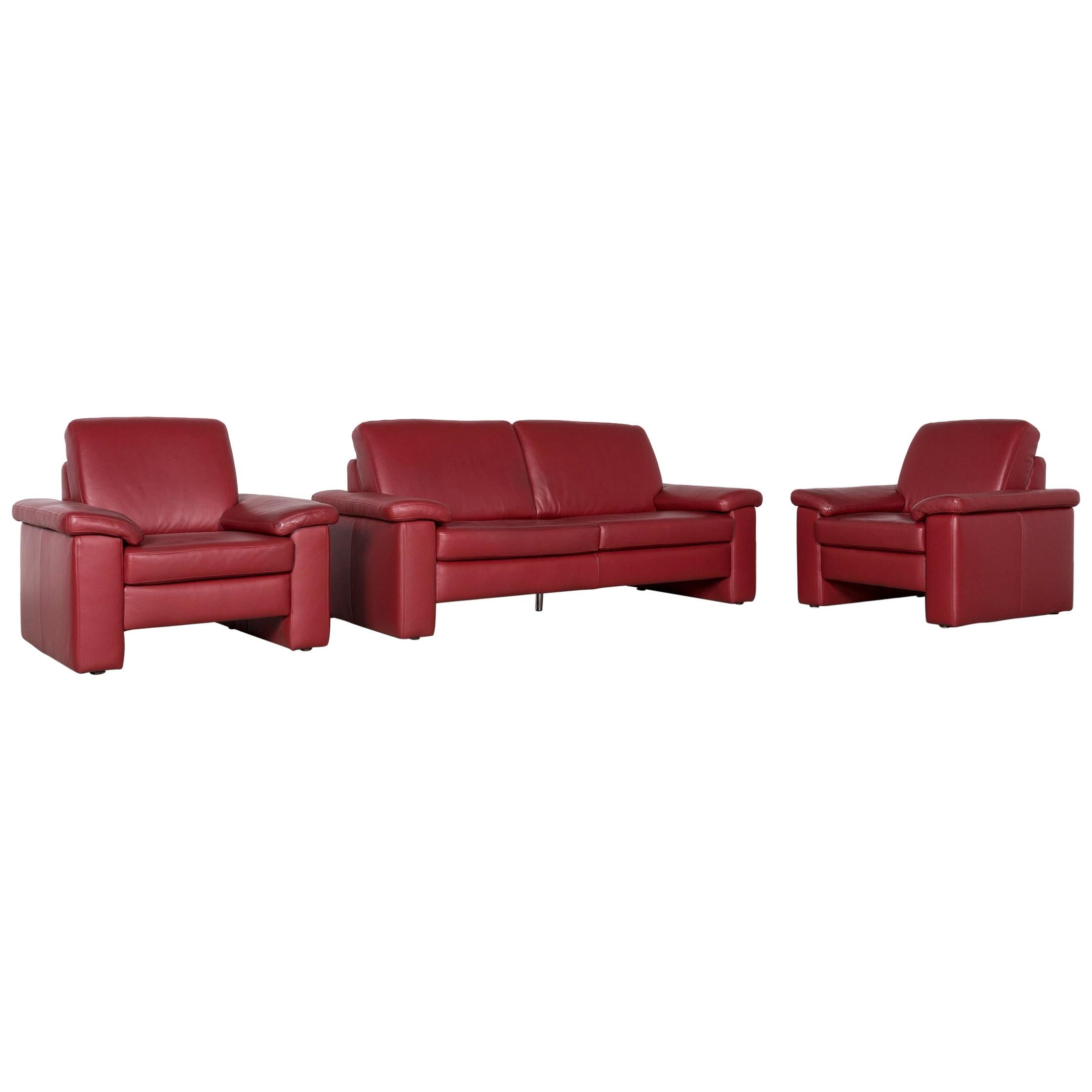 Musterring Designer Leather Sofa Armchair Set Red Three-Seat Couch For Sale