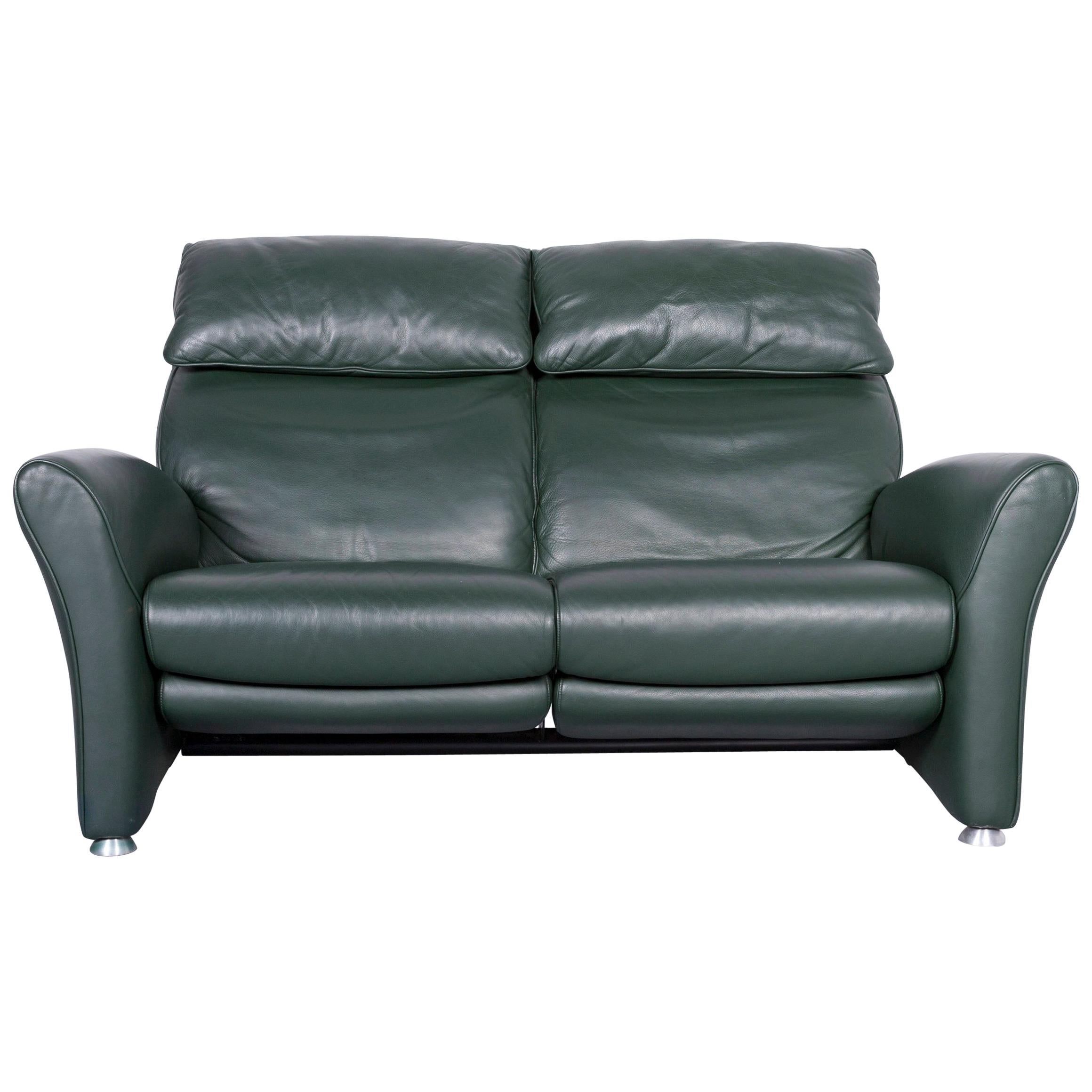 Musterring Designer Leather Sofa Green Two-Seat Couch For Sale