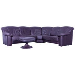 Musterring Designer Purple Leather Corner Sofa Set and Foot-Rest