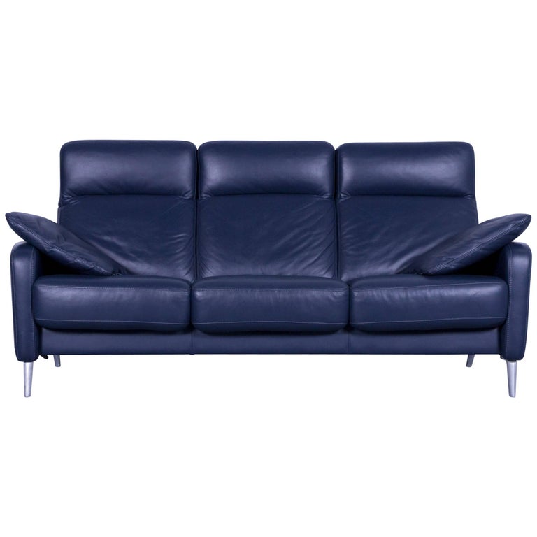 Musterring Leather Sofa Blue ThreeSeat Couch at 1stDibs