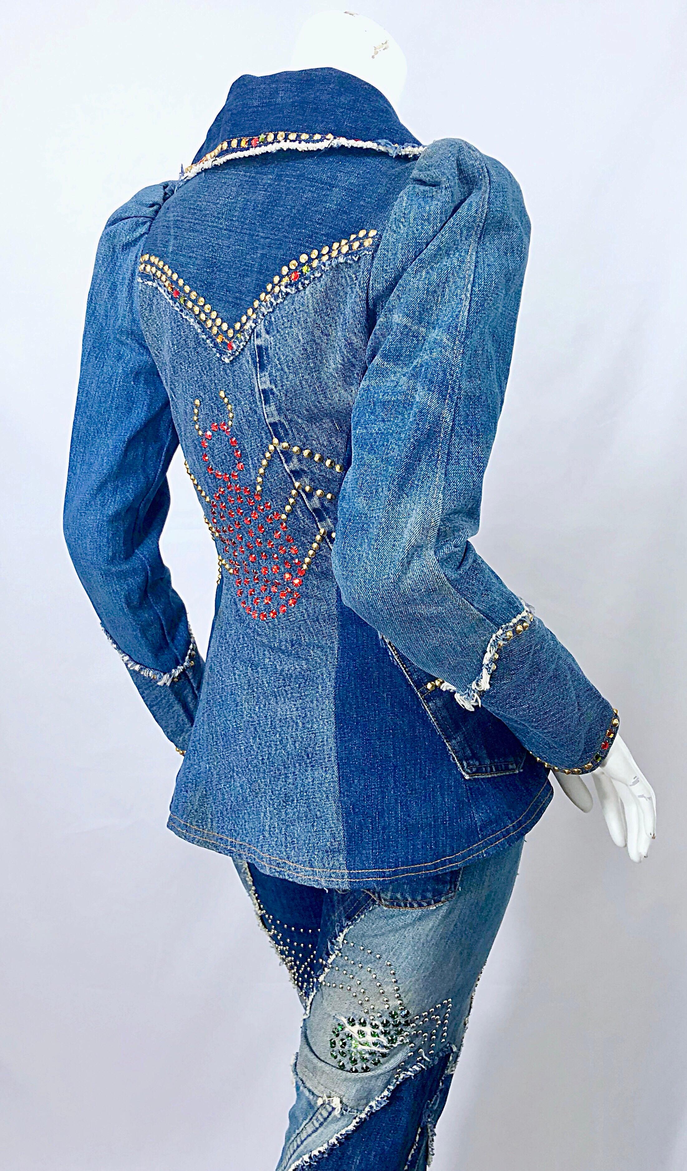 Musuem Piece Love, Melody Sabatasso 1970s Custom Blue Jean Denim Rhinestone Suit For Sale 4