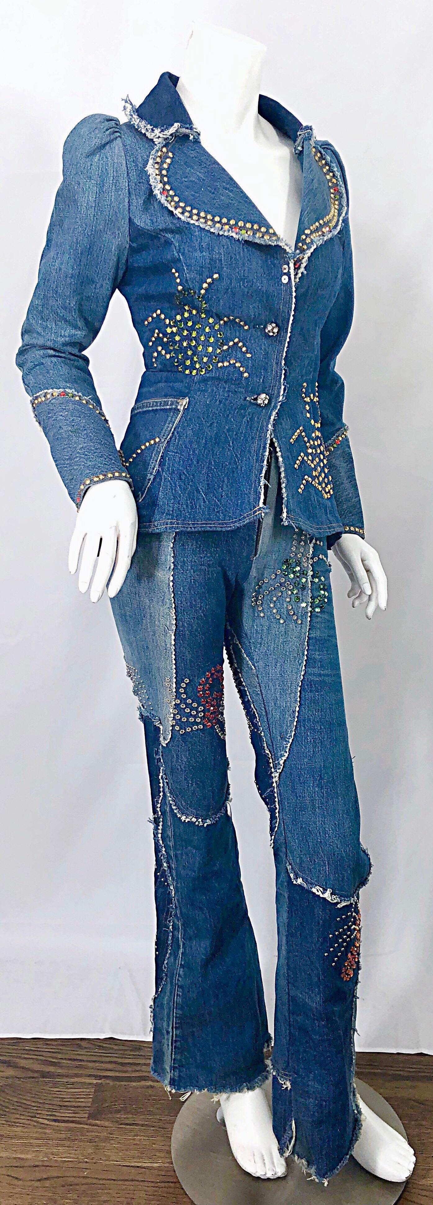 Musuem Piece Love, Melody Sabatasso 1970s Custom Blue Jean Denim Rhinestone Suit For Sale 5