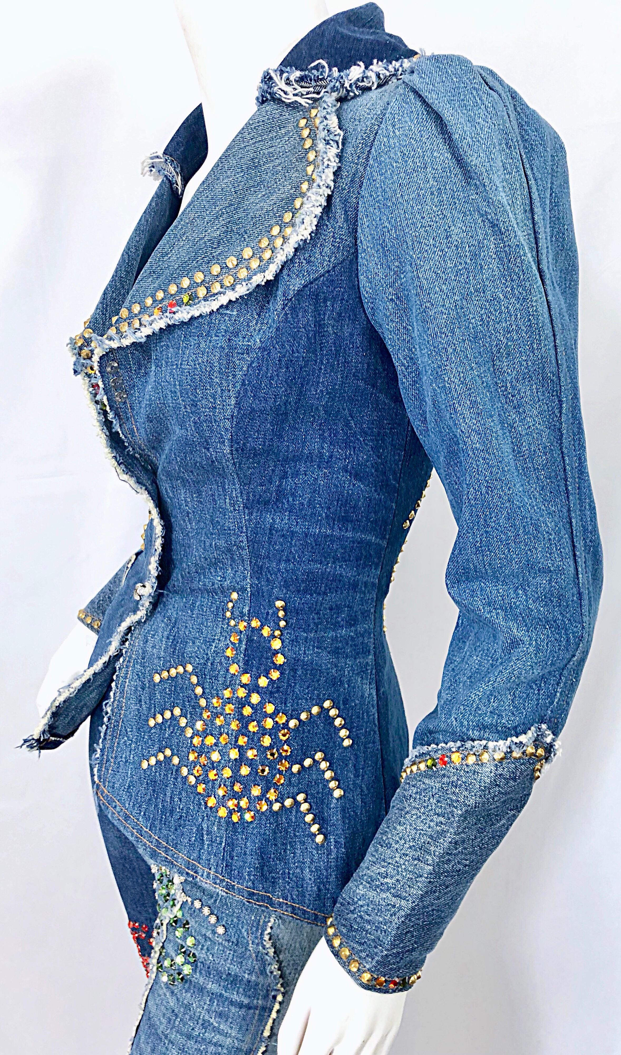 Musuem Piece Love, Melody Sabatasso 1970er Jahre maßgeschneiderter blauer Jeans-Anzug mit Strasssteinen im Angebot 8