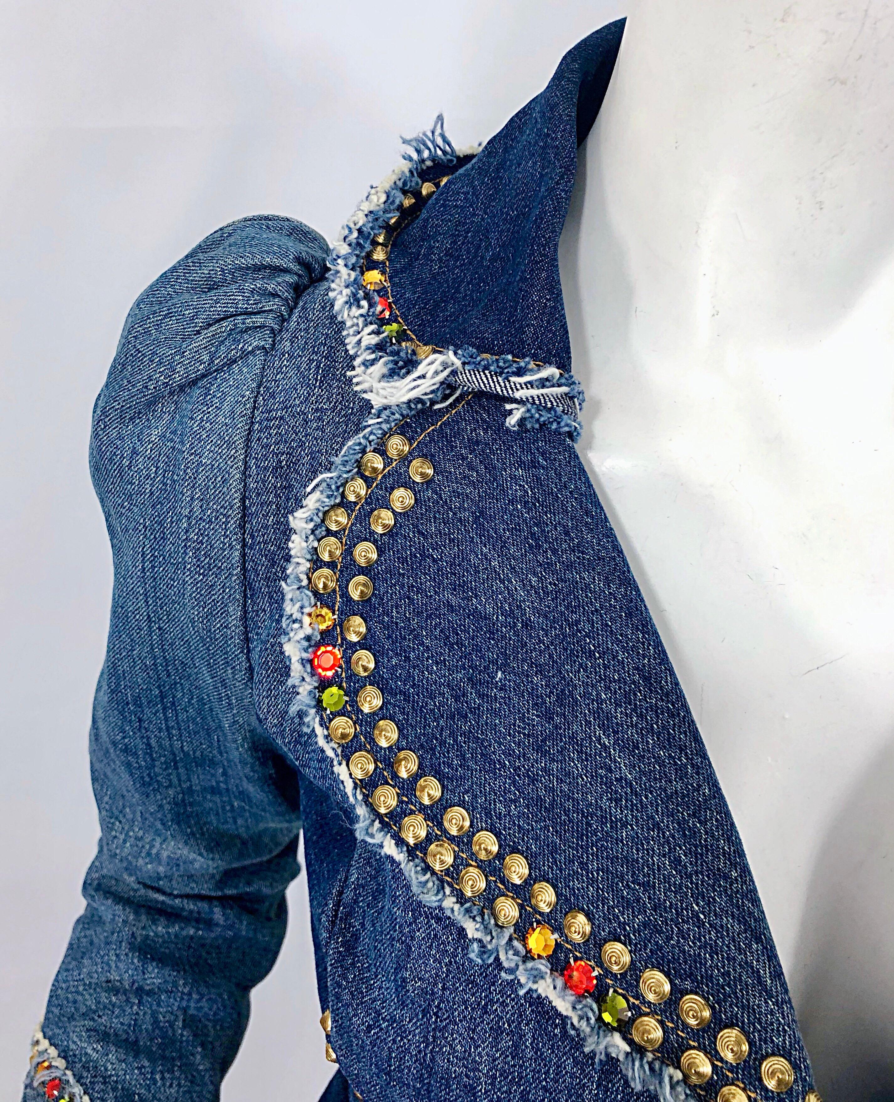 Musuem Piece Love, Melody Sabatasso 1970s Custom Blue Jean Denim Rhinestone Suit For Sale 7