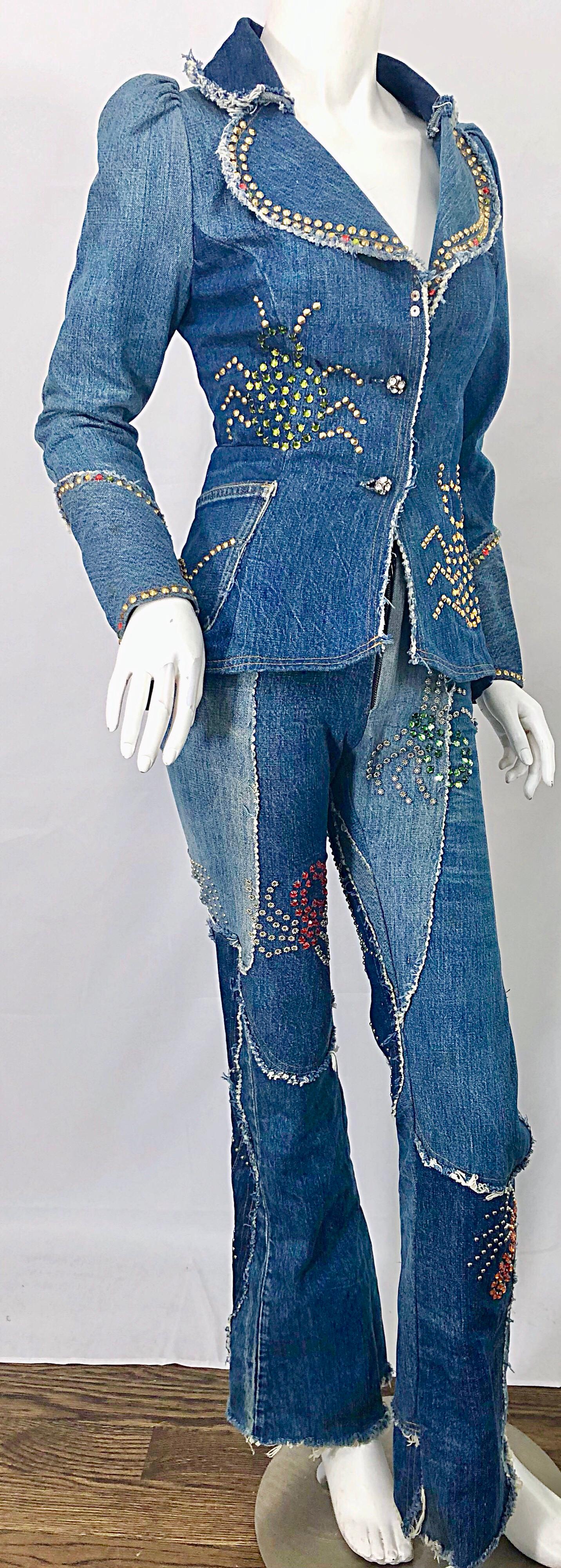 Musuem Piece Love, Melody Sabatasso 1970s Custom Blue Jean Denim Rhinestone Suit For Sale 9