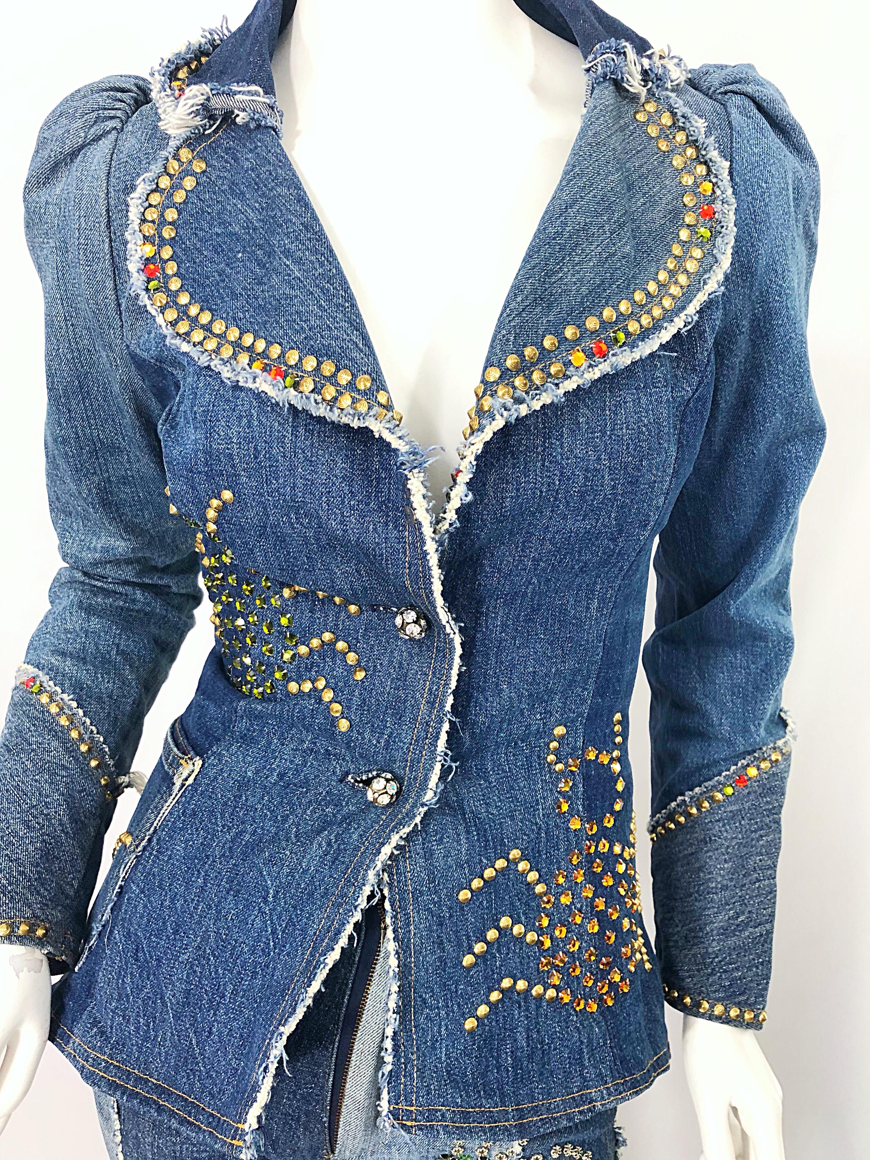 Musuem Piece Love, Melody Sabatasso 1970s Custom Blue Jean Denim Rhinestone Suit For Sale 10