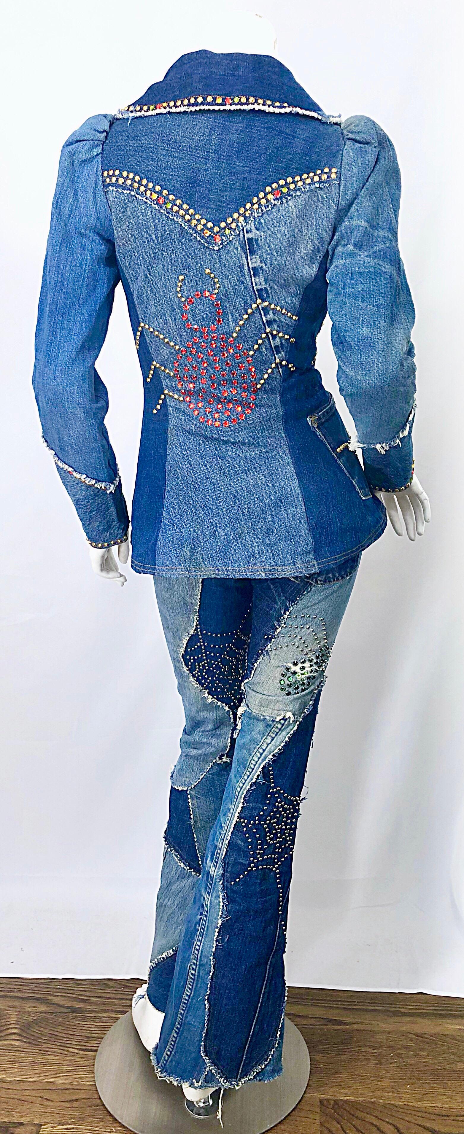 Amazing musuem quality LOVE, MELODY custom denim blue jean ensemble! Melody Sabastasso was known for her custom made denim work. She solely used Levi's denim, and dressed everyone from Lenny Kravitz, Barbara Streisand, Sonny & Cher, Janis Joplin,