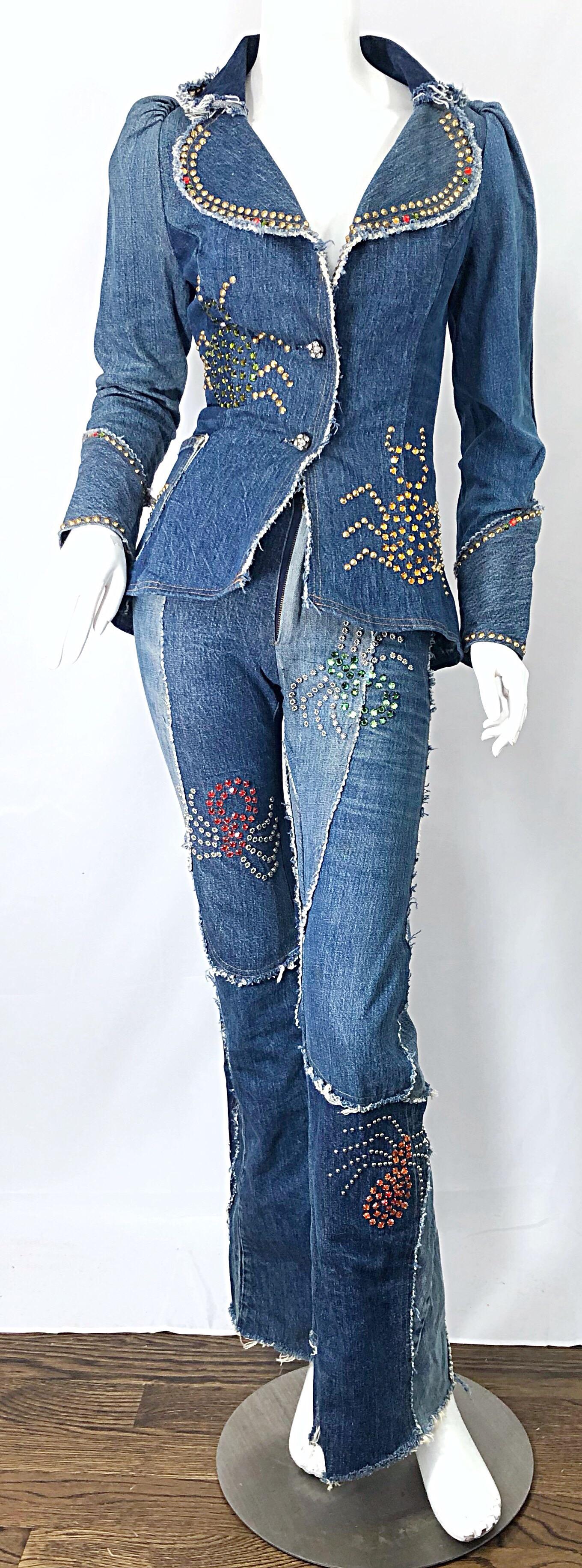 Musuem Piece Love, Melody Sabatasso 1970s Custom Blue Jean Denim Rhinestone Suit For Sale 13