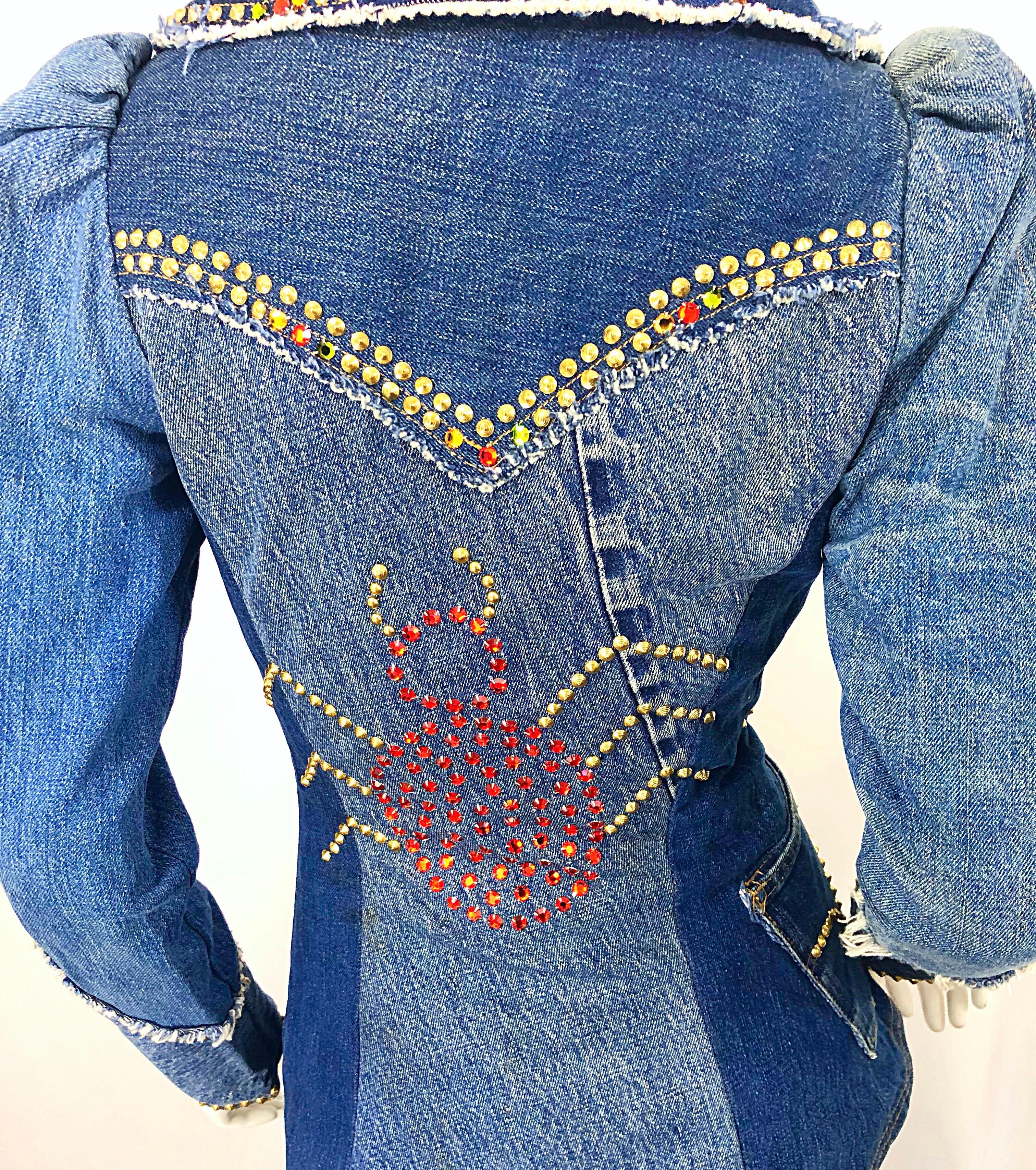 Musuem Piece Love, Melody Sabatasso 1970s Custom Blue Jean Denim Rhinestone Suit In Excellent Condition For Sale In San Diego, CA