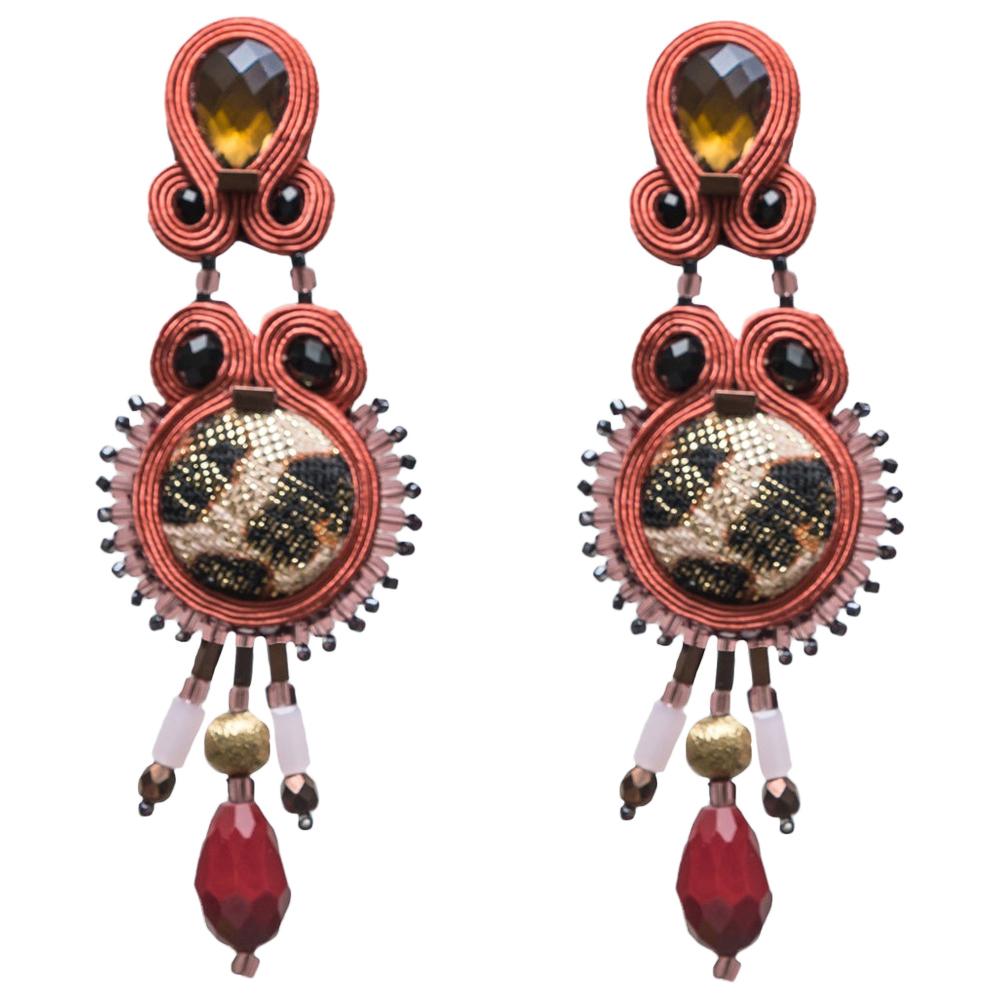 Musula Afrikania Leopard  Bordeaux Love Soutache Earrings w/silver closure