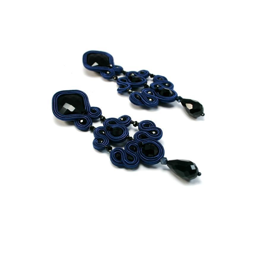 Jet Black Gothic XL Cobalt Blue
Also in Rouge Red, Beige Marble, Copper Brown, Brown Wood,  & Green uranium
Musula Soutache earrings made of rayon yarn 2mm,  quartz stones and crystal beads. Silver closure. 
Earring Length 9cm or 3,54inches 
Back