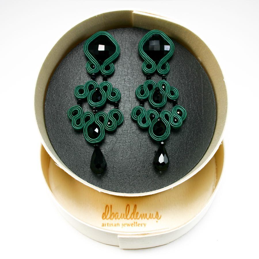 Portrait Cut Musula Jet Black Gothic Marble Soutache Earrings w/silver closure  For Sale