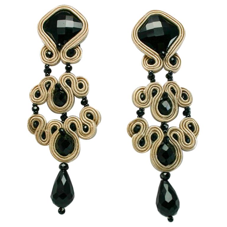 Musula Jet Black Gothic Marble Soutache Earrings w/silver closure  For Sale