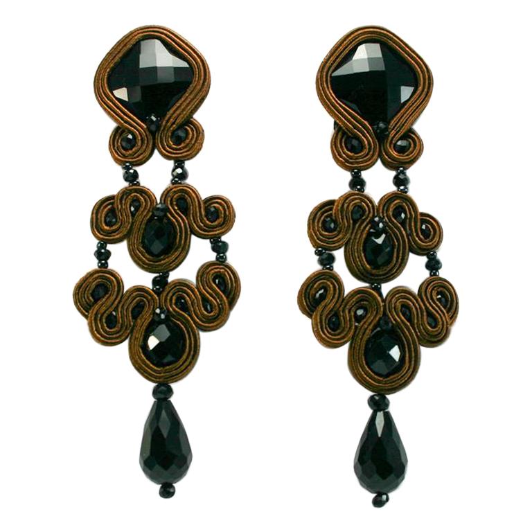 Musula Jet Black Gothic Wood  Soutache Earrings w/silver closure  For Sale