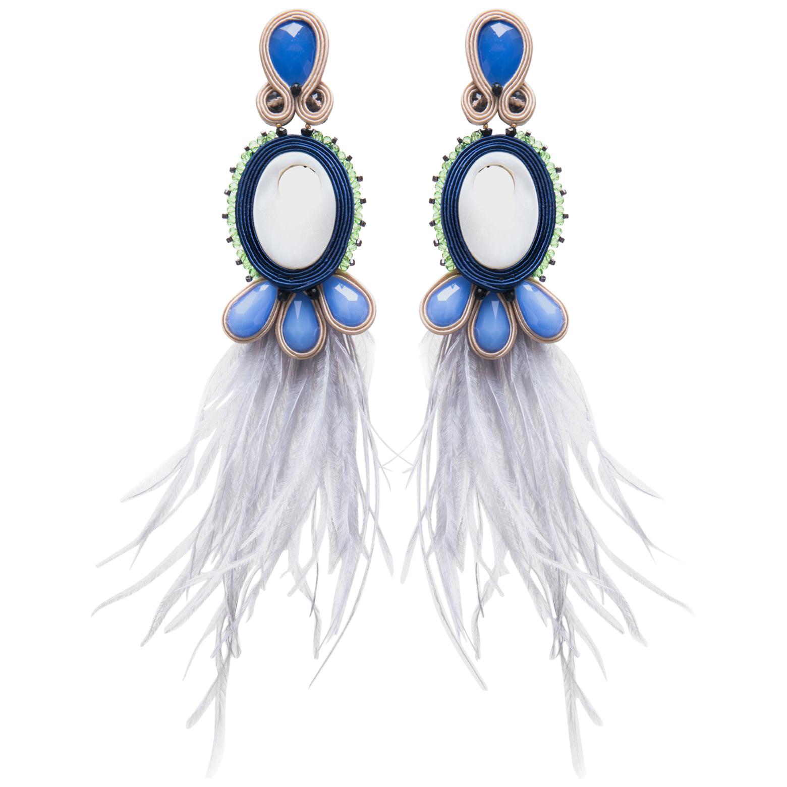 Musula Opulentia Havana Sky Soutache Earrings silver & Marabou