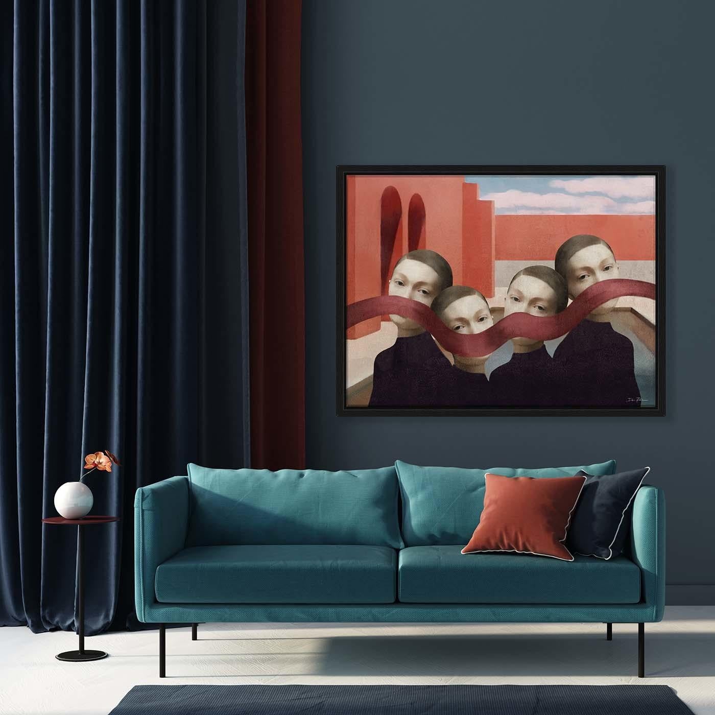 This digital painting is a Pop-Surrealist exploration of the 2020 coronavirus pandemic. It depicts four young girls boxed in by their architectural environs, while a red band covers their mouths and noses, allowing only their suffering gaze to break