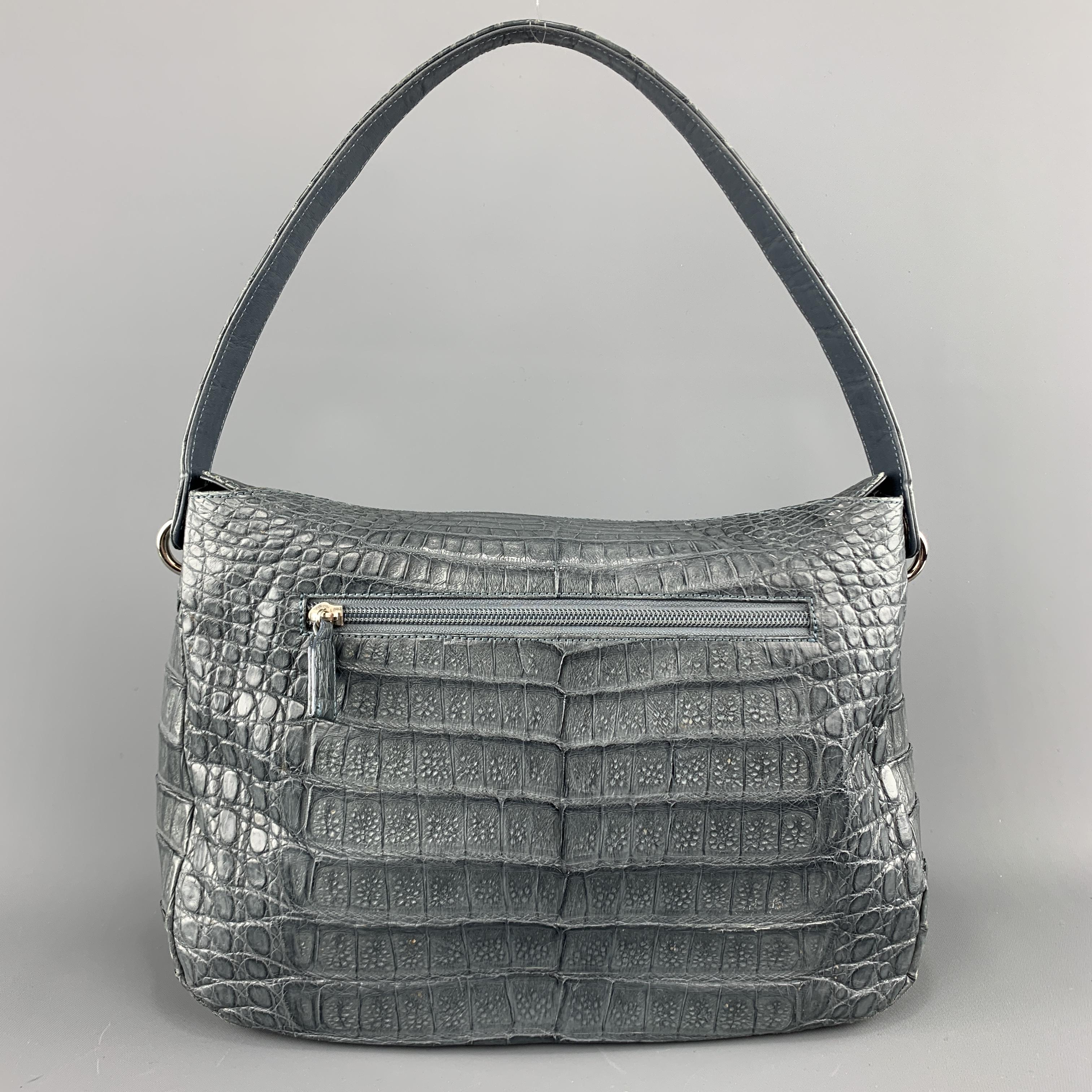 Gray Muted Blue Grey Crocodile Skin Leather Top Handle Handbag