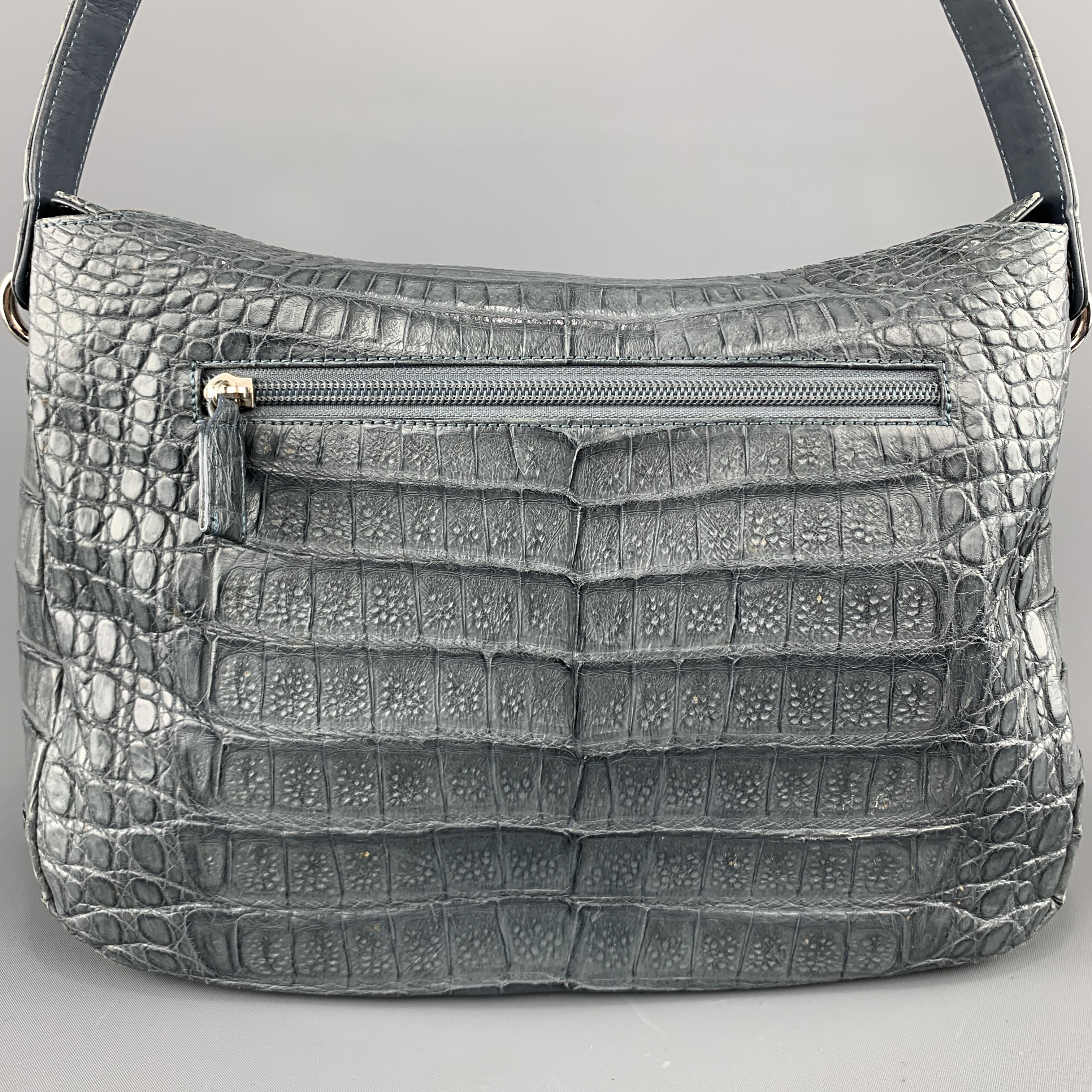 Muted Blue Grey Crocodile Skin Leather Top Handle Handbag In Good Condition In San Francisco, CA