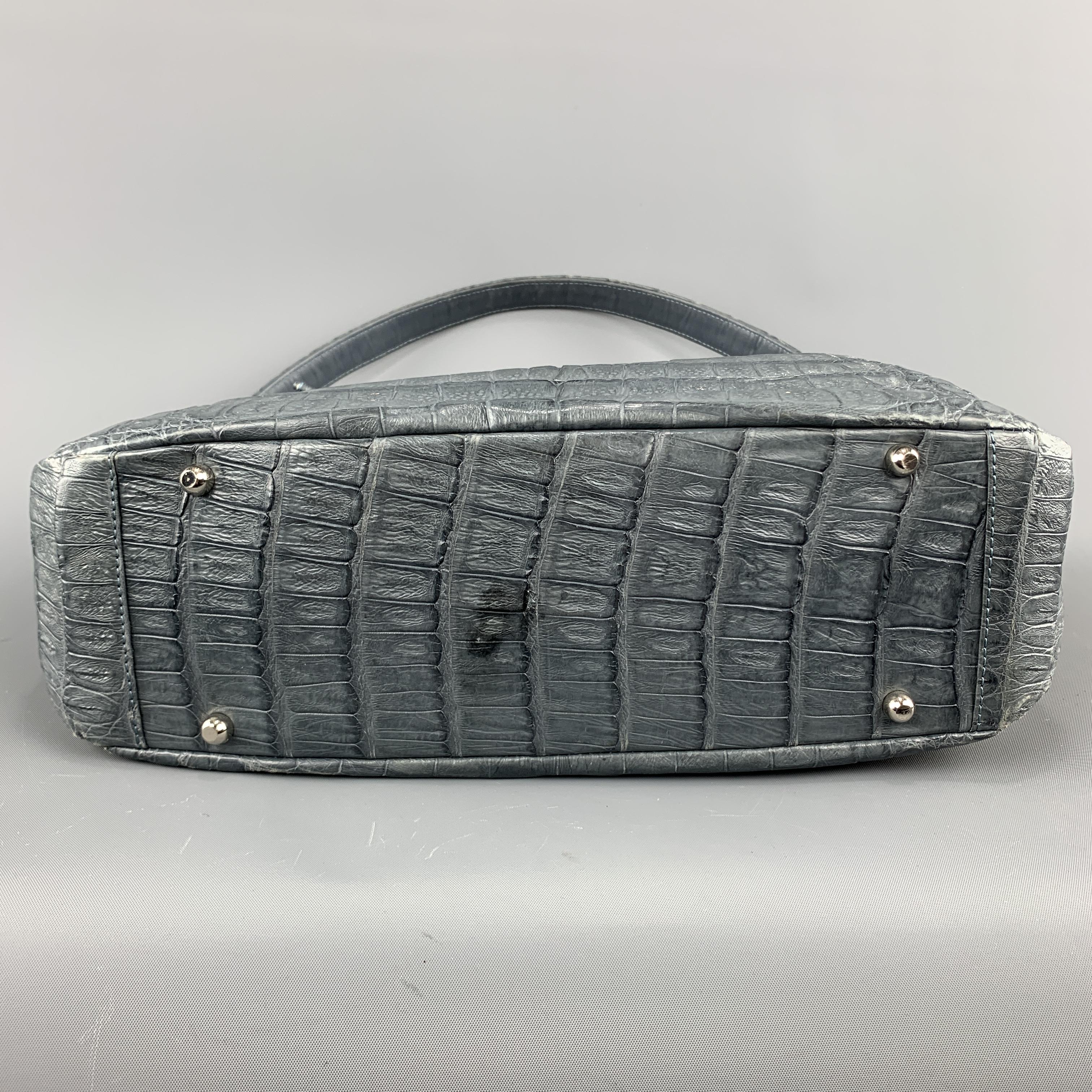Muted Blue Grey Crocodile Skin Leather Top Handle Handbag 1