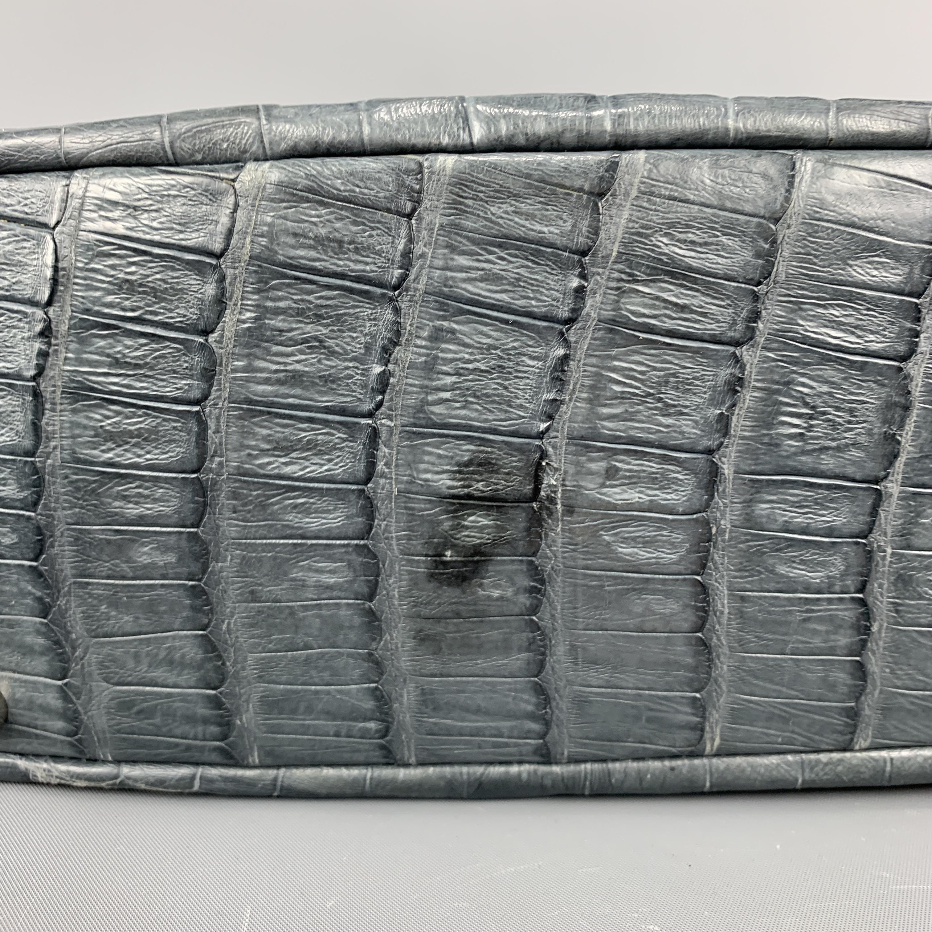 Muted Blue Grey Crocodile Skin Leather Top Handle Handbag 2