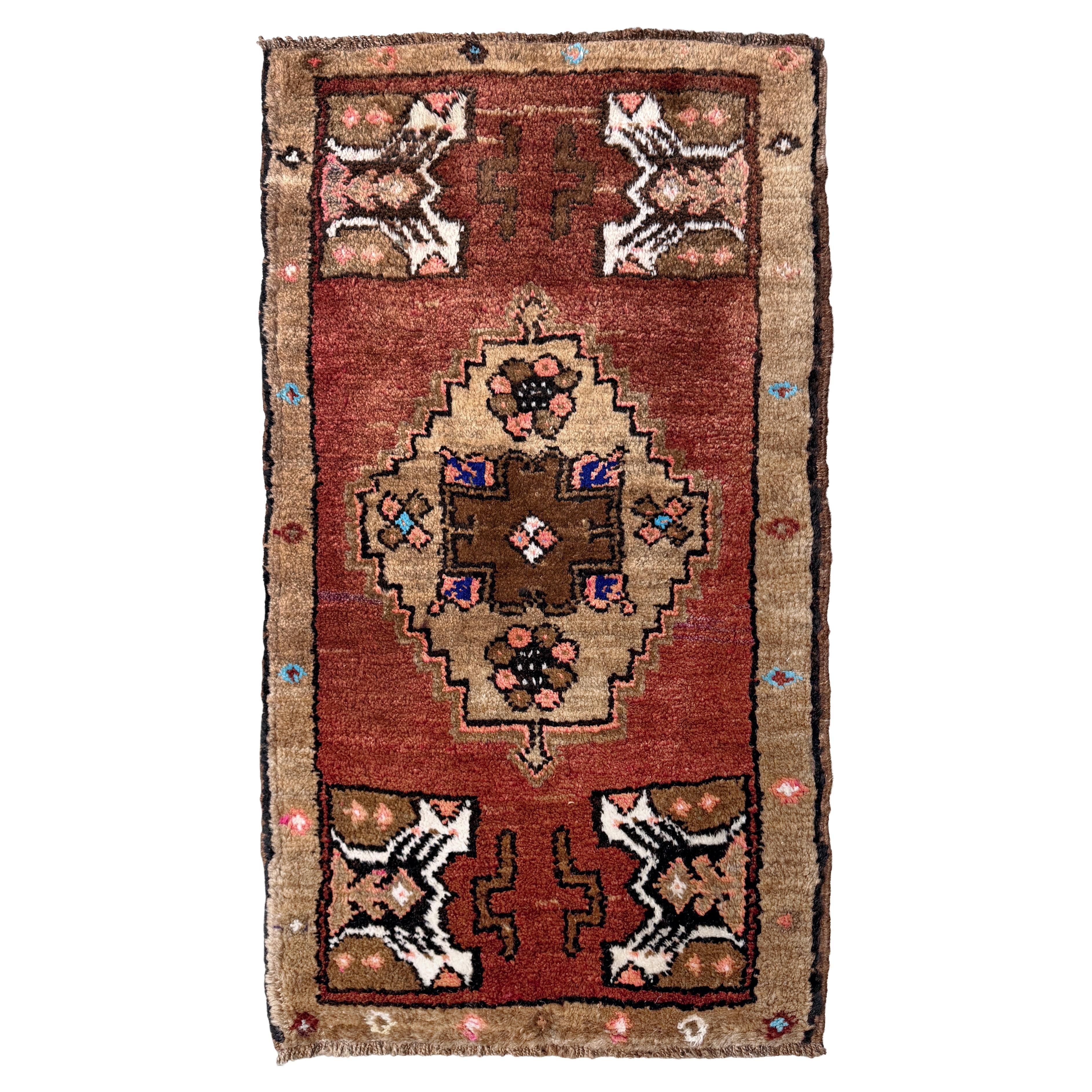 Muted Brick Red Turkish Mini Rug • Vintage Anatolian Yastik • Bathmat / Doormat For Sale
