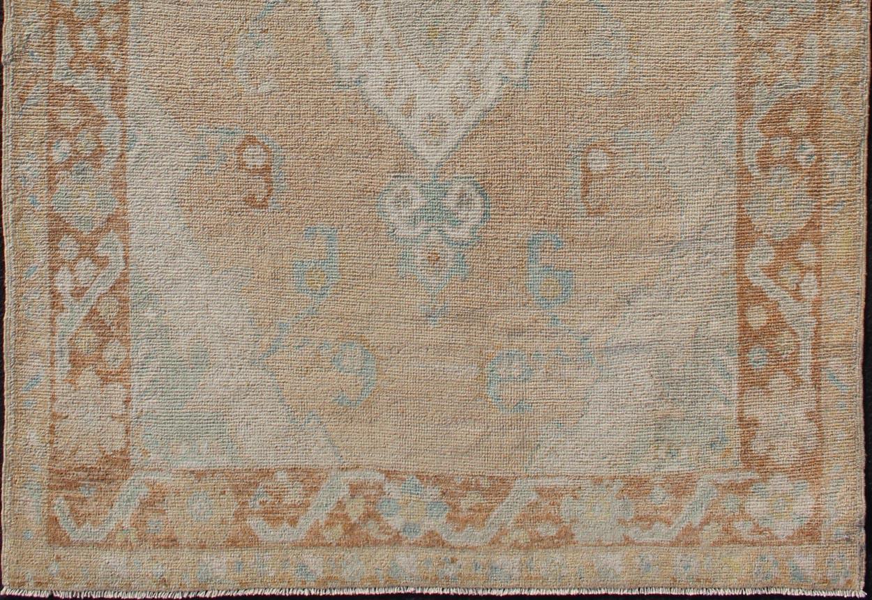 Hand-Knotted Muted Colored Turkish Oushak Rug is Subdued Medallion Design For Sale