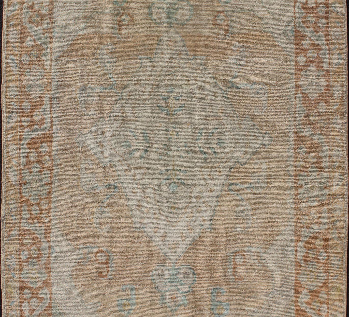 Muted Colored Turkish Oushak Rug is Subdued Medallion Design In Good Condition For Sale In Atlanta, GA