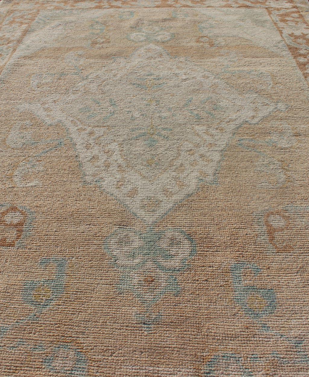 Muted Colored Turkish Oushak Rug is Subdued Medallion Design For Sale 1