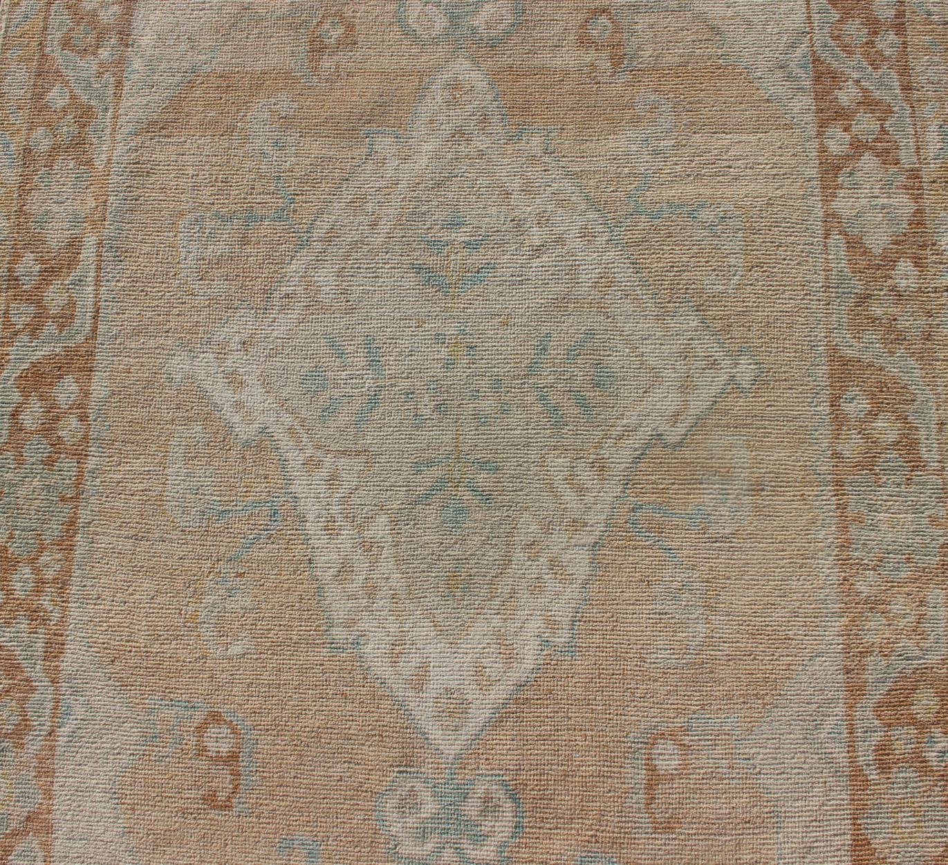 Muted Colored Turkish Oushak Rug is Subdued Medallion Design For Sale 2