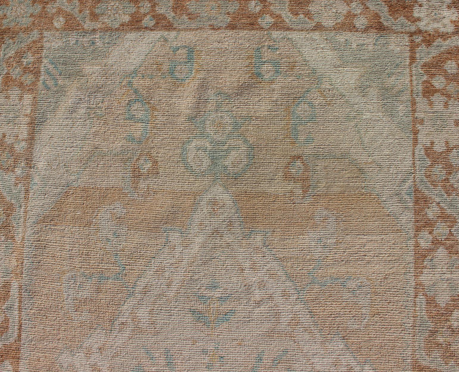 Muted Colored Turkish Oushak Rug is Subdued Medallion Design For Sale 3